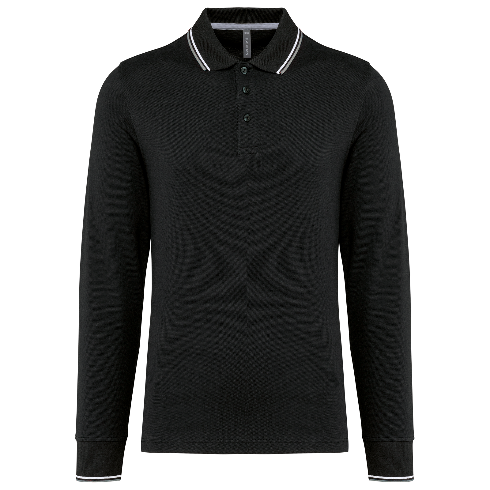 Polo maille piquée manches longues homme — Vue de face - Black / Light Grey / White
